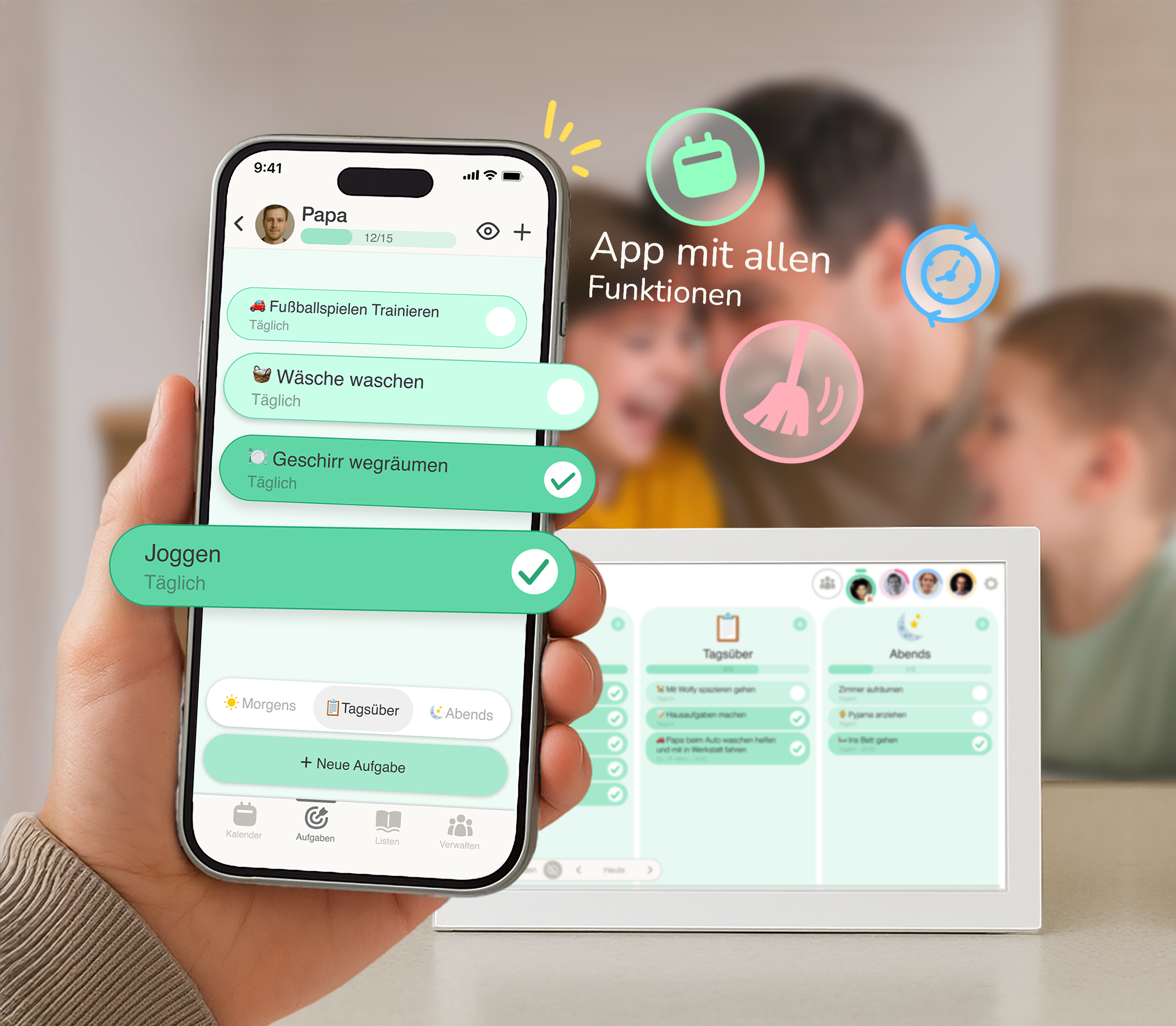 dæly daely digitaler familienkalender familienplaner wandkalender elektronisch handy app aufgabenlisten